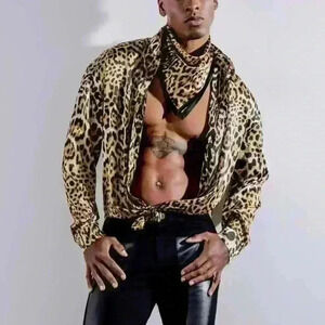 Orttu Justin Shirt w/matching Scarf Silky satin with bold jaguar print Sz‎ Large